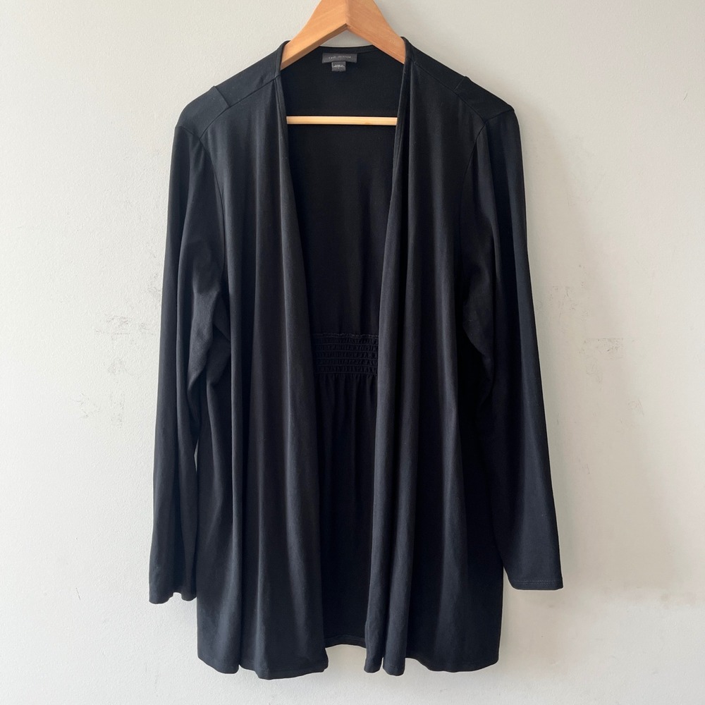 J. Jill Wearever Smocked Back Cardigan Minimalist Black Large Open Front
